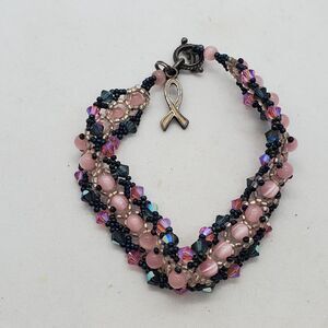 Sterling Silver, Catseye, and Acrylic Bead Breast Cancer Awareness Bracelet 7.5"